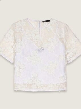 Maje White Lefleur Embroidered Short Sleeve Top 0